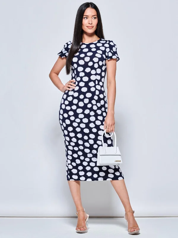 Midi dresses with gathered skirts for a full and flowing silhouetteShort Sleeve Jersey Bodycon Midi Dress, Navy Polka Dot Midi dresses with gathered skirts for a full and flowing silhouetteShort Sleeve Jersey Bodycon Midi Dress, Navy Polka Dot