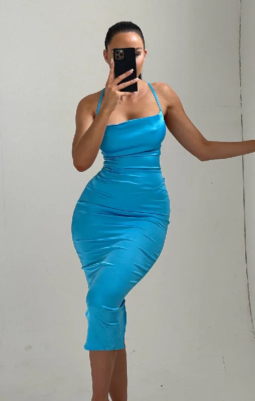 Velvet midi dresses in jewel tones for a glamorous winter eventSky Blue Satin Strappy Tie Detail Bodycon Midi Dress - Zyra Velvet midi dresses in jewel tones for a glamorous winter eventSky Blue Satin Strappy Tie Detail Bodycon Midi Dress - Zyra