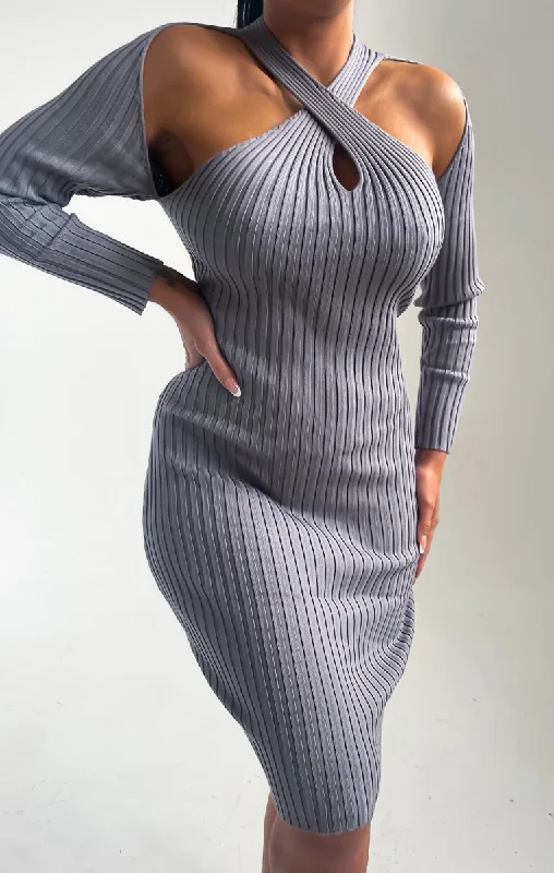 Midi dresses with patchwork patterns for a one - of - a - kind styleSmoke Grey Knitted Ribbed Long Sleeve Cut-Out Bodycon Midi Dress - Bryanne Midi dresses with patchwork patterns for a one - of - a - kind styleSmoke Grey Knitted Ribbed Long Sleeve Cut-Out Bodycon Midi Dress - Bryanne