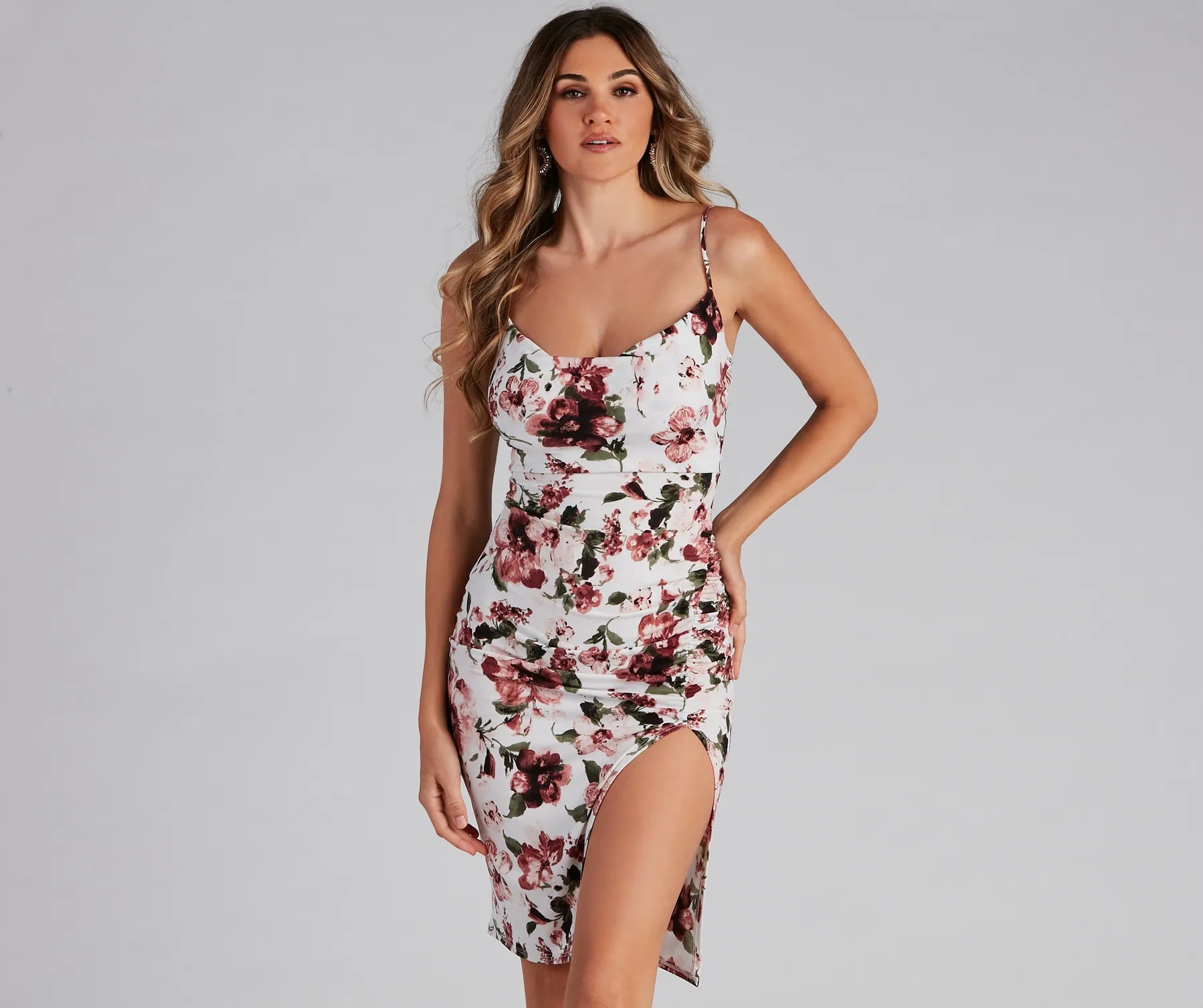 Midi dresses with metallic threads for a glamorous evening eventSpring Strolls Floral Cowl Midi Dress Midi dresses with metallic threads for a glamorous evening eventSpring Strolls Floral Cowl Midi Dress