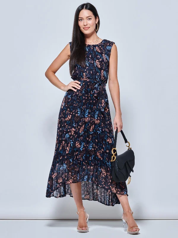 Midi dresses with satin - finish fabrics for a luxurious feelTextured Chiffon Pleated Dress, Navy Floral Midi dresses with satin - finish fabrics for a luxurious feelTextured Chiffon Pleated Dress, Navy Floral