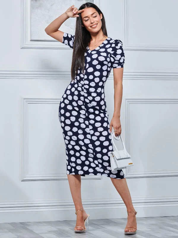 Midi dresses with patchwork patterns for a one - of - a - kind styleV Neck Bodycon Midi Dress, Navy Spot Midi dresses with patchwork patterns for a one - of - a - kind styleV Neck Bodycon Midi Dress, Navy Spot