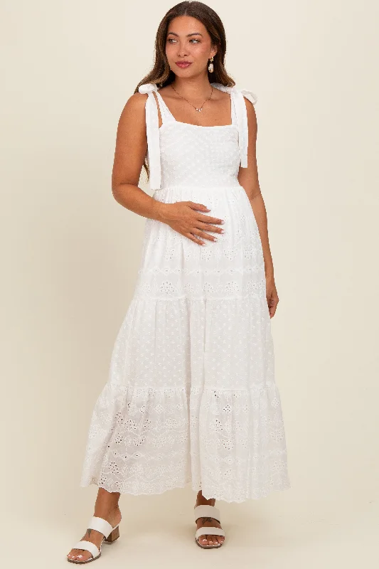 Midi dresses with pleated skirts for a timeless and elegant appealWhite Embroidered Eyelet Lace Maternity Maxi Dress Midi dresses with pleated skirts for a timeless and elegant appealWhite Embroidered Eyelet Lace Maternity Maxi Dress