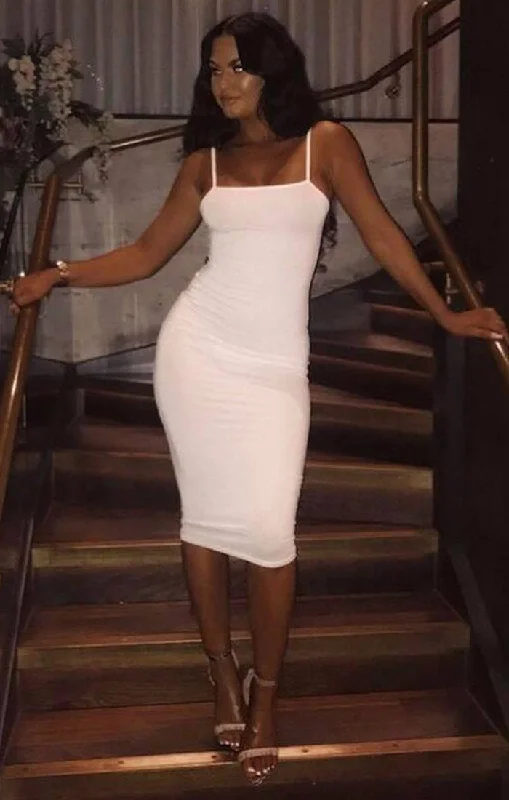 Midi dresses with animal prints for a bold and confident appearanceWhite Square Neck Strappy Midi Dress - Carly Midi dresses with animal prints for a bold and confident appearanceWhite Square Neck Strappy Midi Dress - Carly