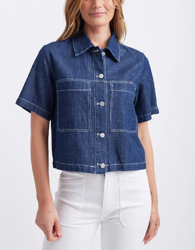 Denim Top with a Metallic Accent for a Shiny LookMabel Short Sleeve Denim Shirt - Indigo Denim Denim Top with a Metallic Accent for a Shiny LookMabel Short Sleeve Denim Shirt - Indigo Denim