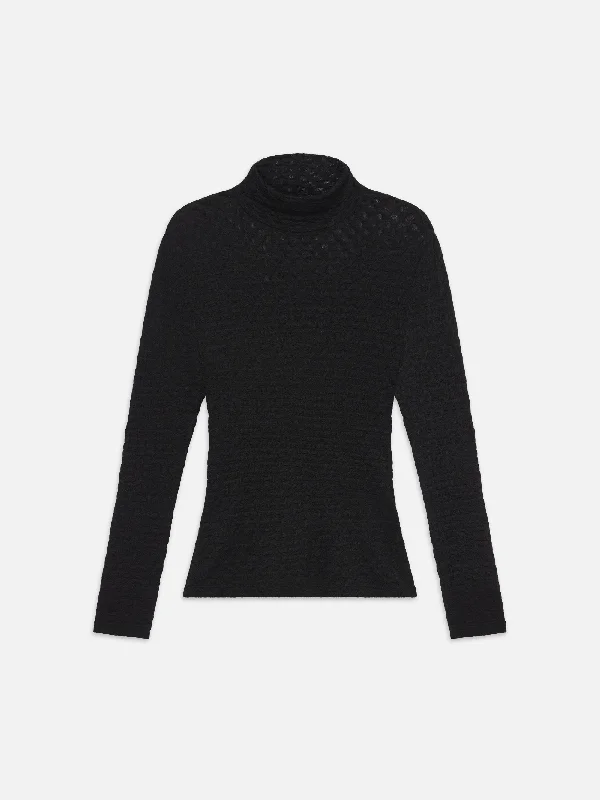 Button - Down Denim Top with a Classic DesignMesh Lace Turtleneck -- Noir