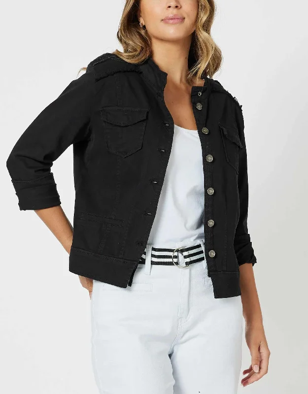 Washed - Out Denim Top for a Vintage AestheticMilitary Denim Jacket - Black