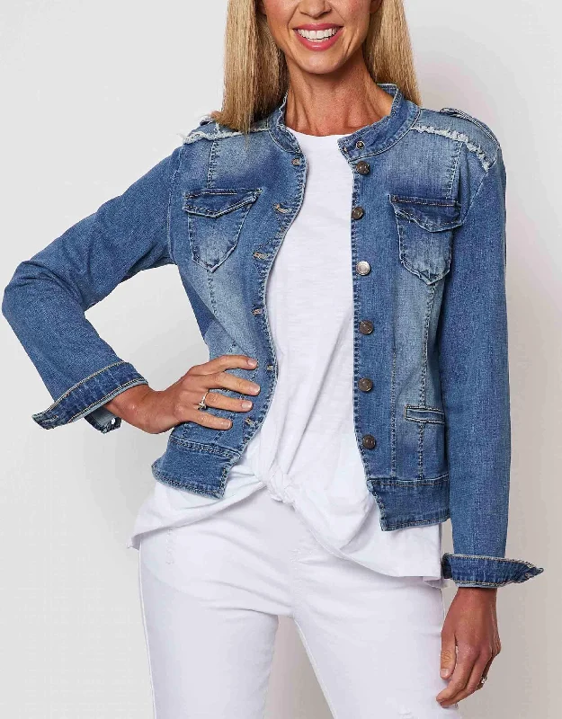 Denim Top with a Belted Waist for a Defined SilhouetteMilitary Denim Jacket - Denim