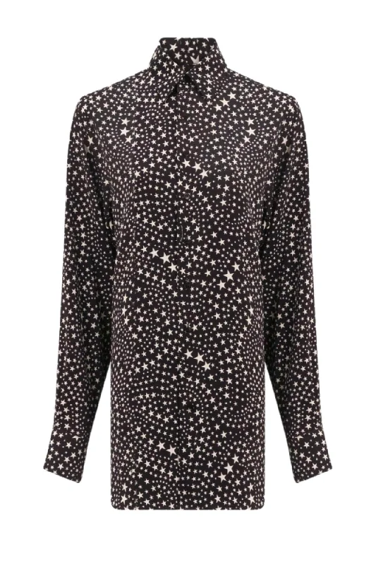 Denim Top with a Metallic Accent for a Shiny LookStella Mccartney Star Print Silk Shirt - Black/ Oat Denim Top with a Metallic Accent for a Shiny LookStella Mccartney Star Print Silk Shirt - Black/ Oat