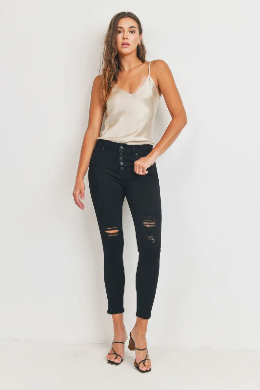 Long - Sleeve Denim Top for Cold Weather LayeringHigh Rise Destructed Skinny Jeans