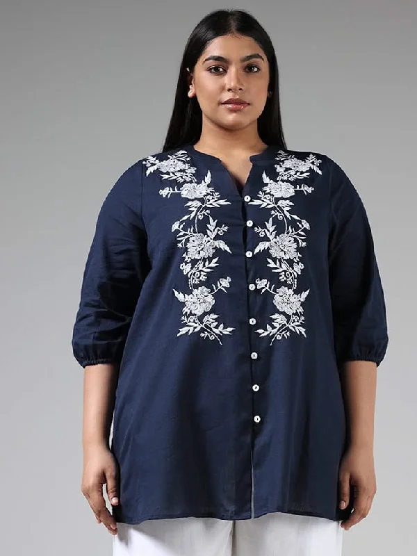 Women's button - fly jeans pants Wide - leg women jeans for a modern and relaxed vibe Gia Navy Blue Floral Embroidered Blended Linen Top Women's button - fly jeans pants Wide - leg women jeans for a modern and relaxed vibe Gia Navy Blue Floral Embroidered Blended Linen Top