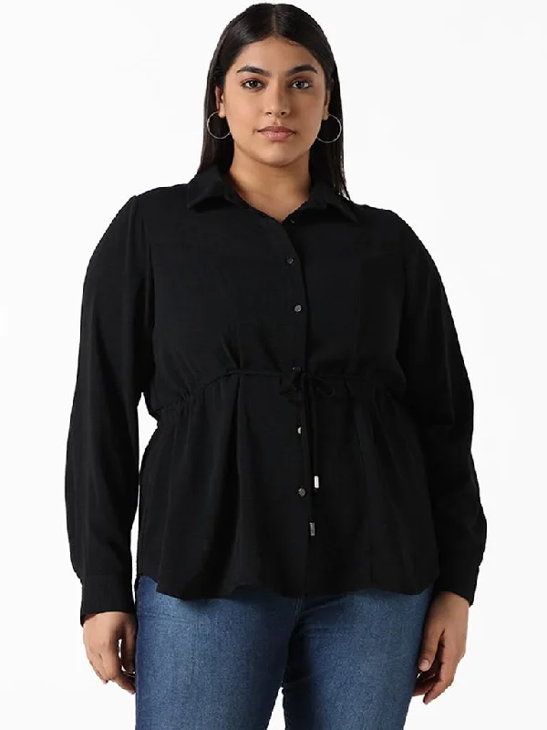 Women's drawstring athletic pants High - rise flare women jeans for a 70s - inspired look Gia Solid Black Elasticated Shirt Women's drawstring athletic pants High - rise flare women jeans for a 70s - inspired look Gia Solid Black Elasticated Shirt