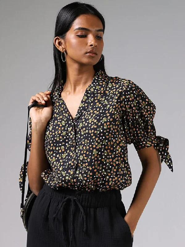 Women's pants for office meetings High - waisted women jeans for a flattering silhouette LOV Black Floral Printed Shirt Women's pants for office meetings High - waisted women jeans for a flattering silhouette LOV Black Floral Printed Shirt