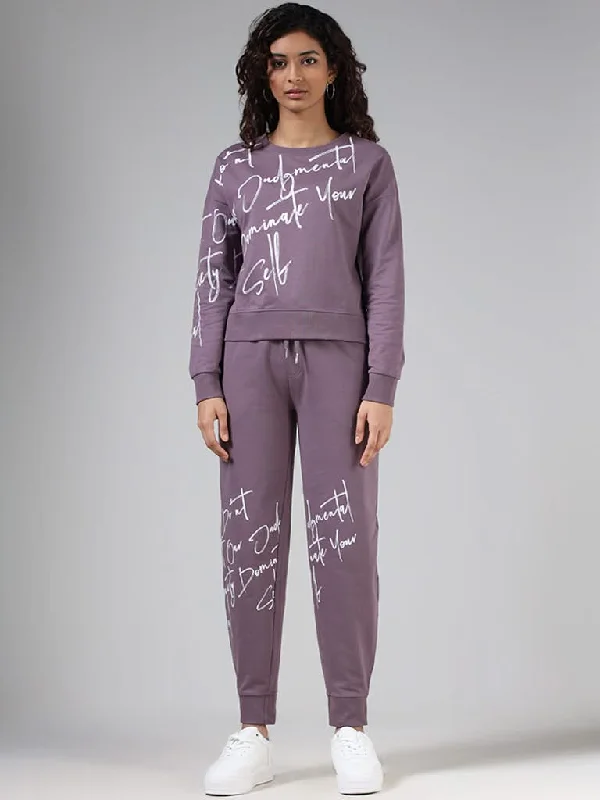Women's linen summer pants High - rise flare women jeans for a 70s - inspired look Studiofit Mauve Typographic Printed Cotton Joggers Women's linen summer pants High - rise flare women jeans for a 70s - inspired look Studiofit Mauve Typographic Printed Cotton Joggers