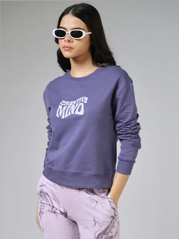 Women's pants with thermal lining Wide - leg women jeans for a modern and relaxed vibe Studiofit Typography Printed Light Purple Cotton Ribbed Sweatshirt Women's pants with thermal lining Wide - leg women jeans for a modern and relaxed vibe Studiofit Typography Printed Light Purple Cotton Ribbed Sweatshirt