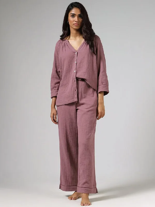 Women's pants for travel Embellished women jeans with studs or rhinestones for a glamorous touch Wunderlove Purple Cotton Crinkled Pyjamas and Sleep Shirt Set Women's pants for travel Embellished women jeans with studs or rhinestones for a glamorous touch Wunderlove Purple Cotton Crinkled Pyjamas and Sleep Shirt Set