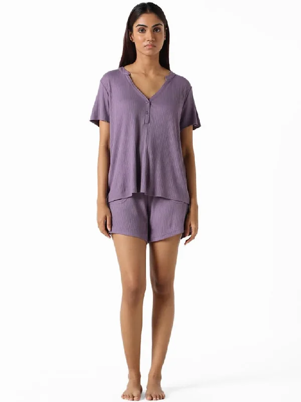 Women's pants for garden parties Colored women jeans in vibrant hues like red and yellow Wunderlove Violet Ribbed Relaxed Fit Modal Supersoft Shorts Women's pants for garden parties Colored women jeans in vibrant hues like red and yellow Wunderlove Violet Ribbed Relaxed Fit Modal Supersoft Shorts