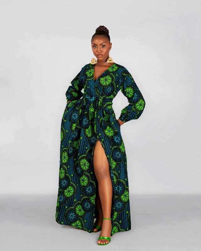 Maxi dresses with a wrap - around style for a customizable fitBibi Ankara Maxi Dress | Green African Print Maxi dresses with a wrap - around style for a customizable fitBibi Ankara Maxi Dress | Green African Print