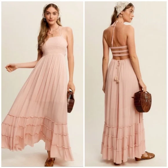 Maxi dresses with a ruched bodice for a more form - fitting and feminine shapeBlush Pink Forever Yours Tiered Woven Bohemian Maxi Summer Dress Women's Maxi dresses with a ruched bodice for a more form - fitting and feminine shapeBlush Pink Forever Yours Tiered Woven Bohemian Maxi Summer Dress Women's