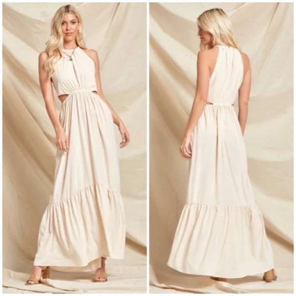 Maxi dresses with pocket details for added functionalityBohemian Cream Solid Cut Out Waist Full Long Length Maxi Dress Women's Maxi dresses with pocket details for added functionalityBohemian Cream Solid Cut Out Waist Full Long Length Maxi Dress Women's