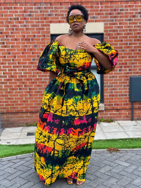Floral print maxi dresses for summer garden partiesBrenie Ankara Off Shoulder Maxi Dress | Green and Yellow Multicoloured African Print Floral print maxi dresses for summer garden partiesBrenie Ankara Off Shoulder Maxi Dress | Green and Yellow Multicoloured African Print