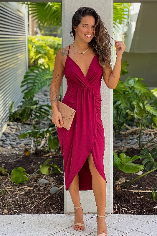Maxi dresses with bow accents at the waist for a sweet appearanceBurgundy Midi Dress With Criss Cross Back Maxi dresses with bow accents at the waist for a sweet appearanceBurgundy Midi Dress With Criss Cross Back