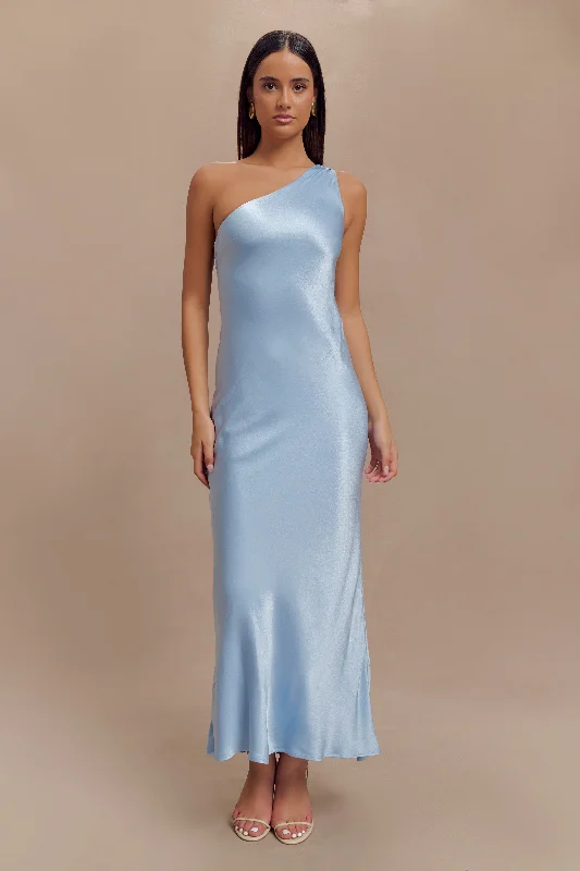 Maxi dresses with bow accents at the waist for a sweet appearanceCamille One Shoulder Satin Maxi Dress - Cornflower Blue