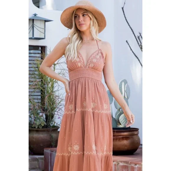 Maxi dresses with an empire waist for a flattering fit on all body typesSandstone Embroidered Floral Smocked Waist Gauze Summer Casual Halter Maxi Dress