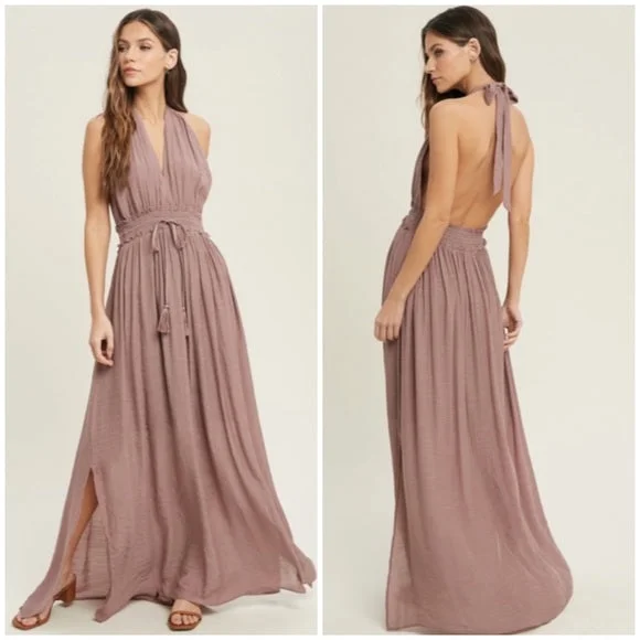 Maxi dresses with beaded embellishments for a fancy and luxurious eventDark Mauve Solid Halter Smocked Waist Maxi Casual Boho Dress w/ Side Slits Maxi dresses with beaded embellishments for a fancy and luxurious eventDark Mauve Solid Halter Smocked Waist Maxi Casual Boho Dress w/ Side Slits