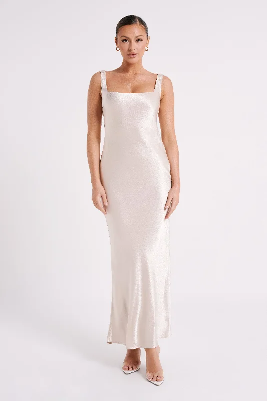 Denim maxi dresses with frayed hems for a casual lookEnsley Satin Maxi Dress - Champagne Denim maxi dresses with frayed hems for a casual lookEnsley Satin Maxi Dress - Champagne