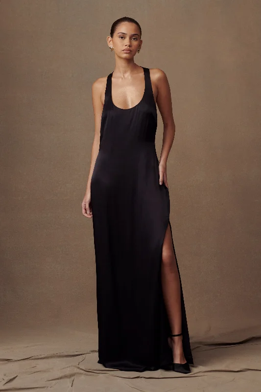 Maxi dresses with thin spaghetti straps for a delicate and feminine feelJacquelyn Racerback Maxi Dress - Black