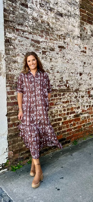 Maxi dresses with a ruffled neckline for a charming lookLola Maxi Dress Brown Aztec