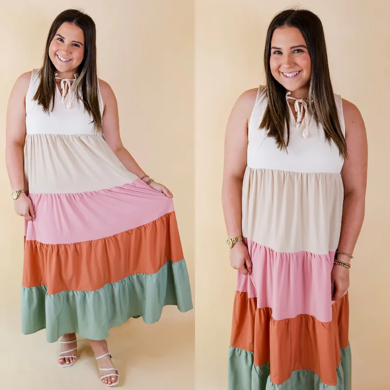 Maxi dresses with cold - shoulder cutouts for a trendy lookCalm Waters High Neck Tiered Maxi Dress in Cream Mix Maxi dresses with cold - shoulder cutouts for a trendy lookCalm Waters High Neck Tiered Maxi Dress in Cream Mix