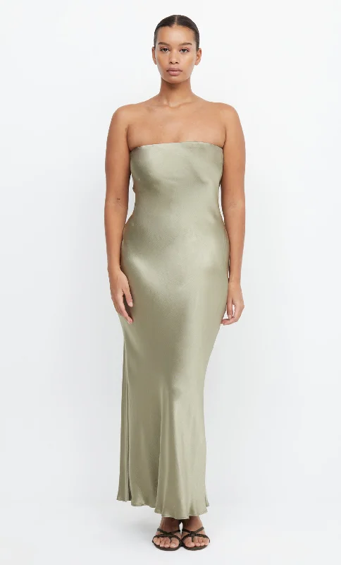Maxi dresses with fringe trim for a bohemian vibeMOON DANCE STRAPLESS DRESS - SAGE