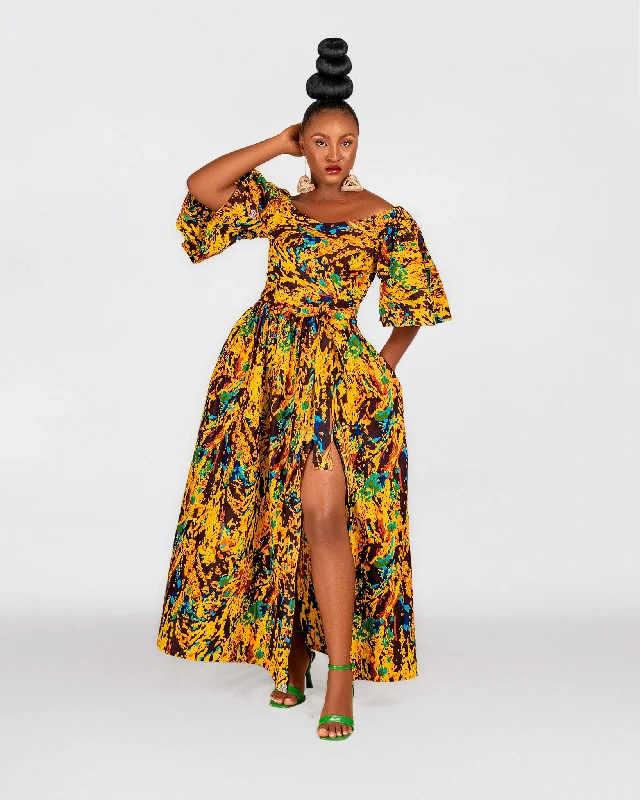 Satin maxi dresses with a high - low hem for a modern twistNadia Ankara Off Shoulder Maxi Dress | Yellow Multicoloured African Print Satin maxi dresses with a high - low hem for a modern twistNadia Ankara Off Shoulder Maxi Dress | Yellow Multicoloured African Print