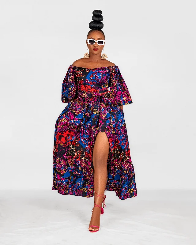 Linen maxi dresses for a breathable and lightweight summer optionNana Ankara Off Shoulder Maxi Dress | Blue and Pink Multicoloured African Print Linen maxi dresses for a breathable and lightweight summer optionNana Ankara Off Shoulder Maxi Dress | Blue and Pink Multicoloured African Print