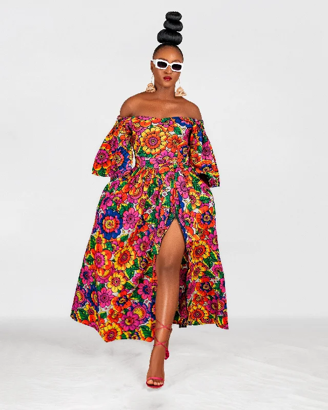 Cotton maxi dresses for a comfortable and everyday - wear optionNaomi Ankara Off Shoulder Maxi Dress | Multicoloured African Print Cotton maxi dresses for a comfortable and everyday - wear optionNaomi Ankara Off Shoulder Maxi Dress | Multicoloured African Print