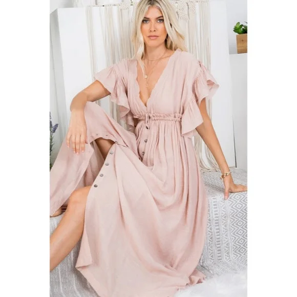 Maxi dresses with a V - neckline for a flattering and elongating shapeNude Blush Gauze Boho Button Short Slv Deep V Woven Gathered Maxi Coverup Dress Maxi dresses with a V - neckline for a flattering and elongating shapeNude Blush Gauze Boho Button Short Slv Deep V Woven Gathered Maxi Coverup Dress