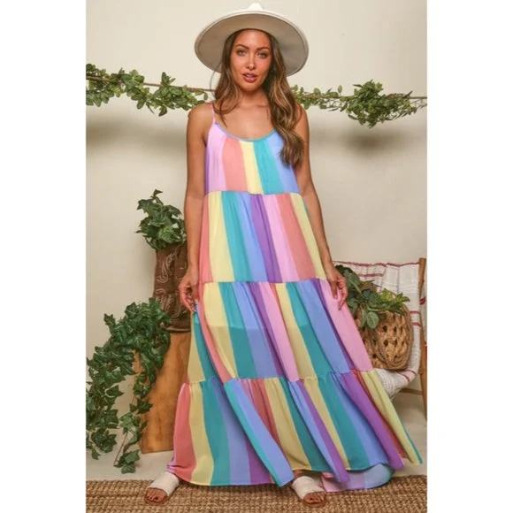 Ruffled maxi dresses with a tiered skirt for added volumeRainbow Colorful Multi Color Bright Striped Tiered Tie Shoulder Maxi Dress Ruffled maxi dresses with a tiered skirt for added volumeRainbow Colorful Multi Color Bright Striped Tiered Tie Shoulder Maxi Dress
