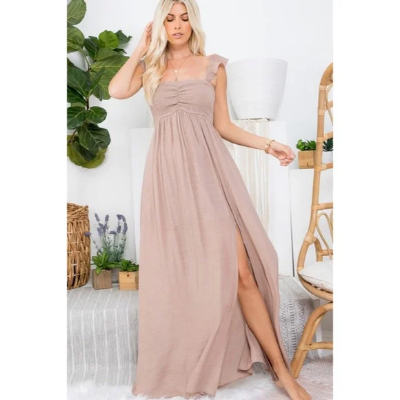 Maxi dresses with tassel accents for a fun and lively touchSand Ruffle Sleeve Solid Smocked Long Full Length Relaxed Fit Maxi Casual Dress Maxi dresses with tassel accents for a fun and lively touchSand Ruffle Sleeve Solid Smocked Long Full Length Relaxed Fit Maxi Casual Dress