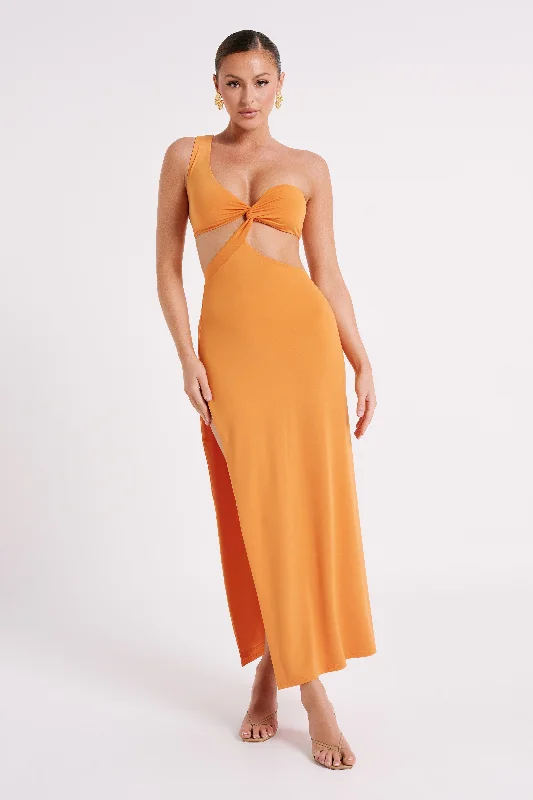 Satin maxi dresses with a high - low hem for a modern twistSolana One Shoulder Maxi Dress - Orange Satin maxi dresses with a high - low hem for a modern twistSolana One Shoulder Maxi Dress - Orange