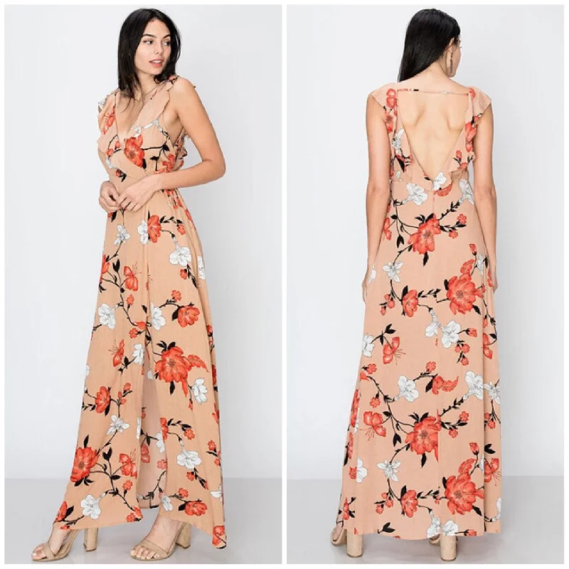 Linen maxi dresses for a breathable and lightweight summer optionTaupe Deep V Faux Wrap Floral Cherry Blossom Open Back Maxi Dress Linen maxi dresses for a breathable and lightweight summer optionTaupe Deep V Faux Wrap Floral Cherry Blossom Open Back Maxi Dress