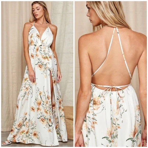 Maxi dresses with a paisley print for a classic and elegant styleWhite Floral Print Halter Open Back Maxi Full Long Length Dress Gown W/ Slit