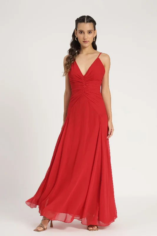 Sheer maxi dresses with lace overlays for a romantic touchWhitley Maxi Dress in Red