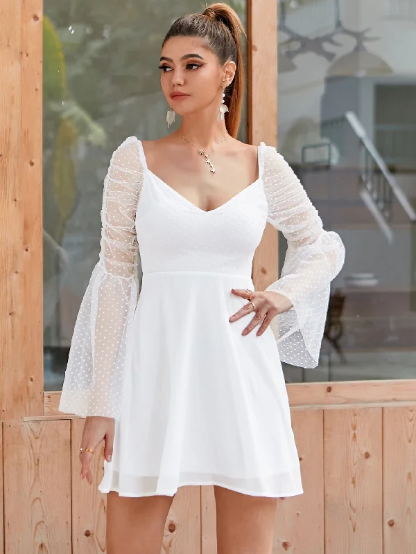 Mini dresses with high - low hems for a modern twistKittenAlarm - Sheer Bell Sleeve Swiss Dot Dress Mini dresses with high - low hems for a modern twistKittenAlarm - Sheer Bell Sleeve Swiss Dot Dress
