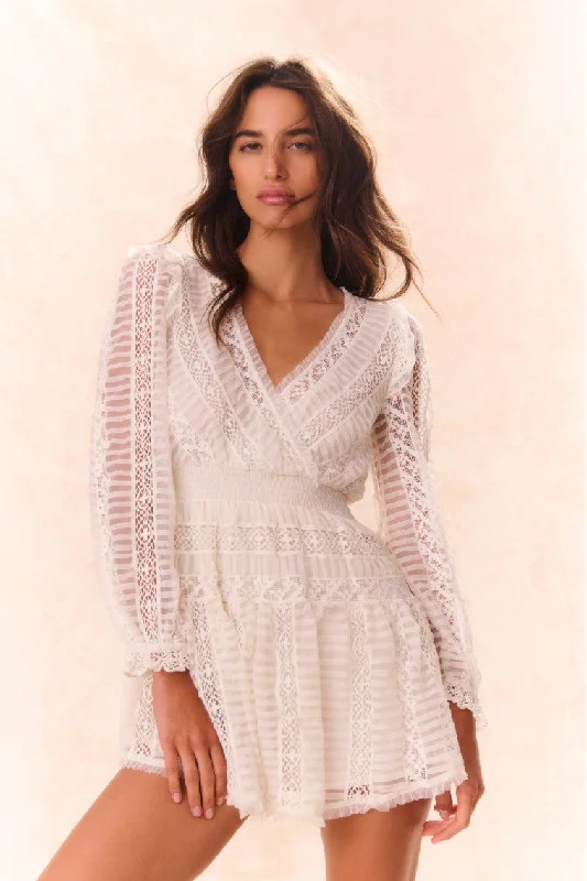 Mini dresses with ruched bodices for a feminine touchAlonsa Lace-Detailed Mini Dress - CREAM Mini dresses with ruched bodices for a feminine touchAlonsa Lace-Detailed Mini Dress - CREAM