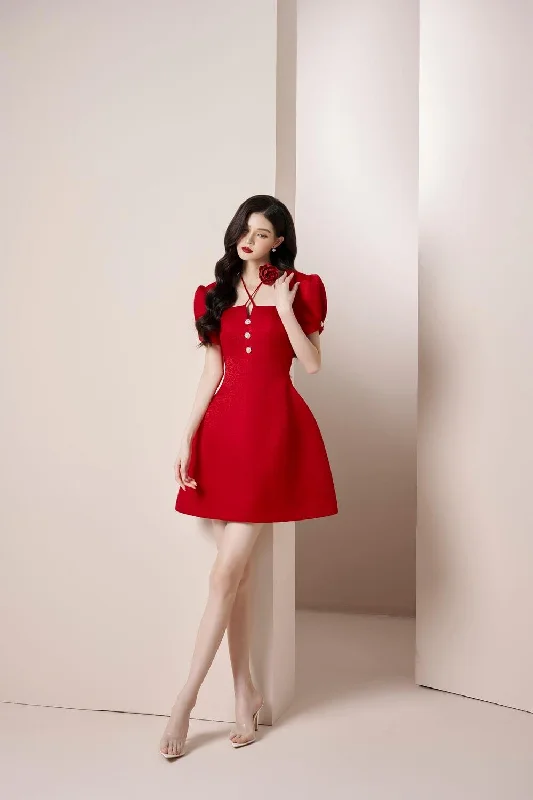 Amanda A-line Short Sleeved Wood Taffeta Mini Dress