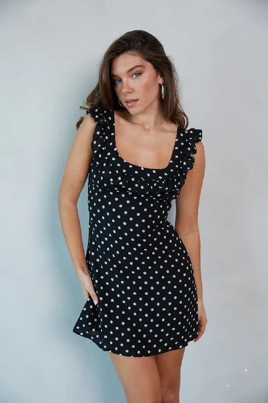 Mini dresses with criss - cross backs for a flirty lookAnais Polka Dot Ruffle Mini Dress Mini dresses with criss - cross backs for a flirty lookAnais Polka Dot Ruffle Mini Dress