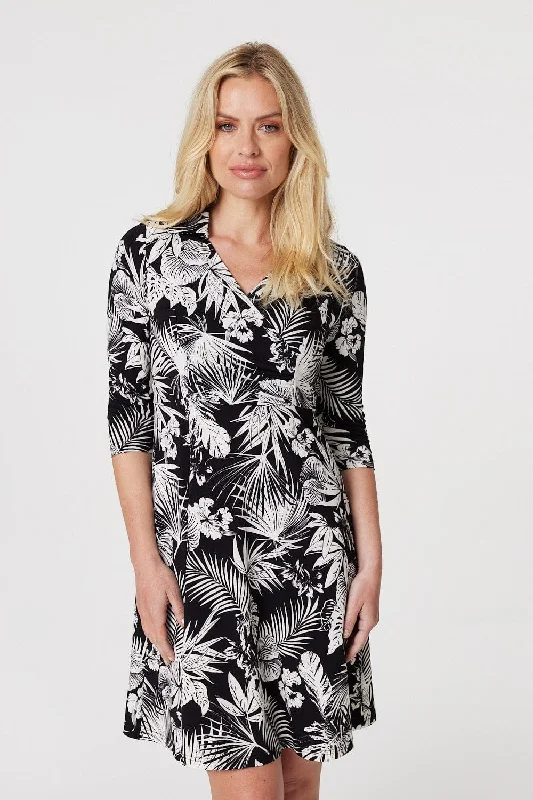 Sheer mini dresses with lace insertsLeaf Print Wrap Front Shirt Dress
