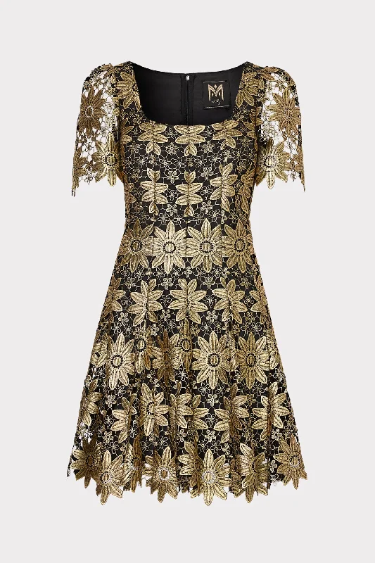 Mini dresses with pocket details for added functionalityIlisa Gold Lace Godet Mini Dress Mini dresses with pocket details for added functionalityIlisa Gold Lace Godet Mini Dress